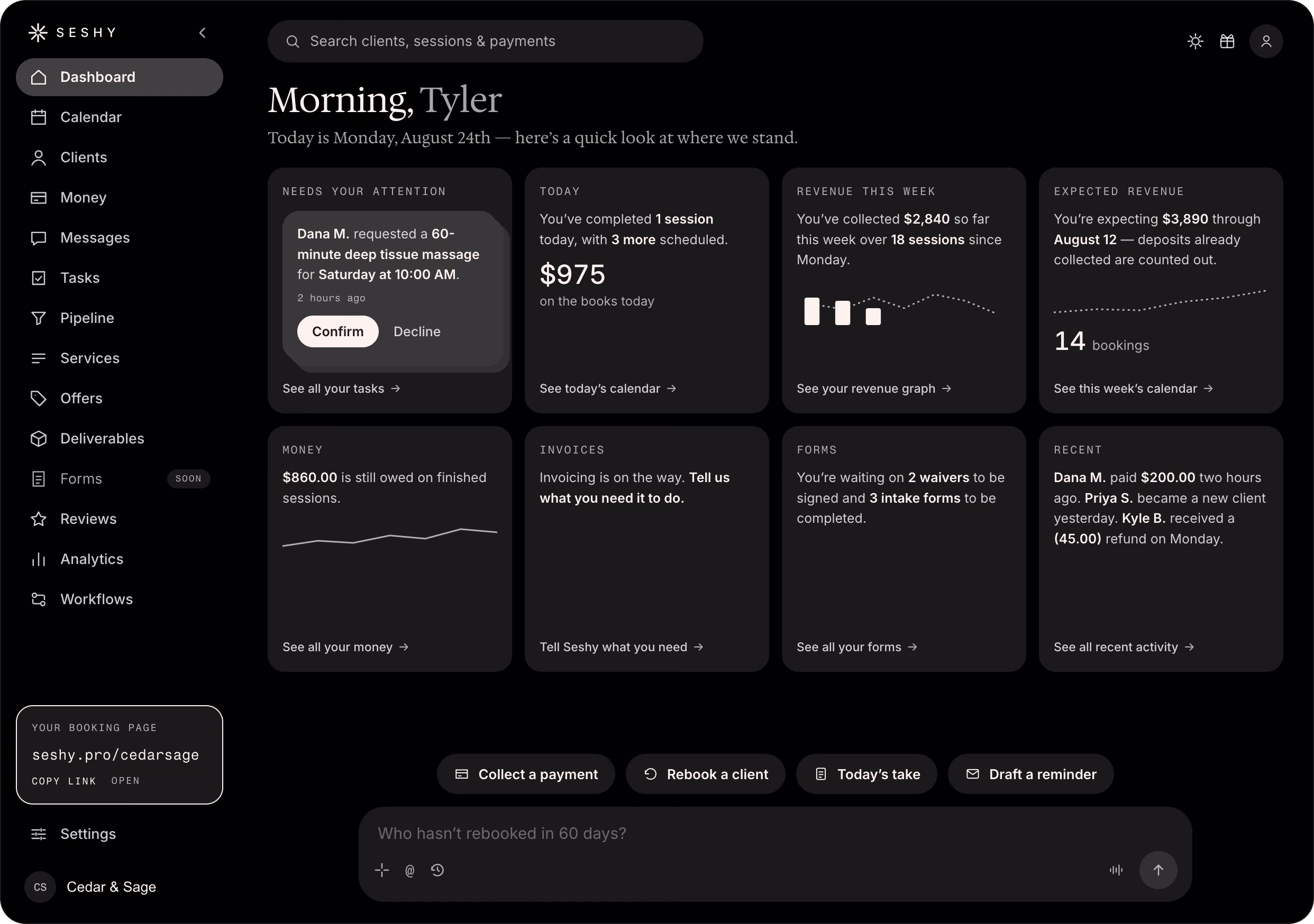 The Seshy dashboard
